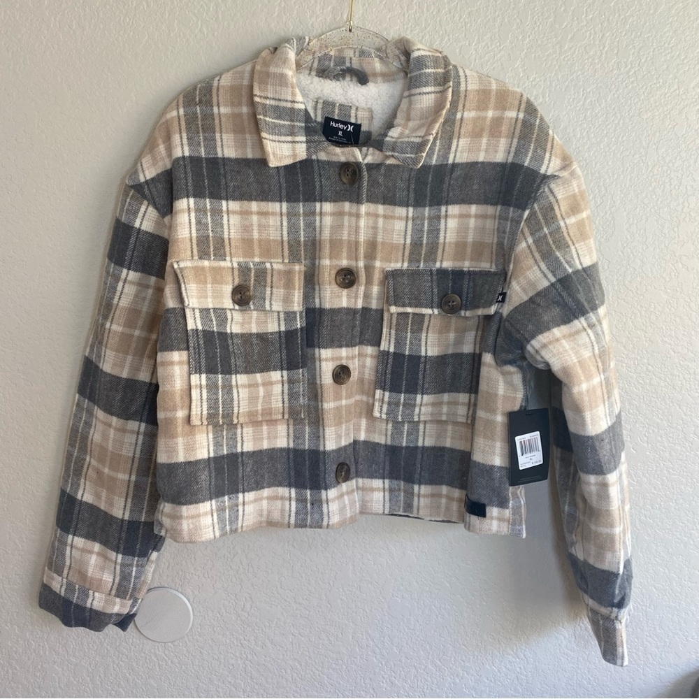 Hurley Crop Shacket Jacket Beigh Gray White Cream